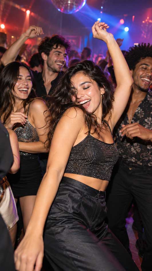 Friends dancing and laughing under a disco ball