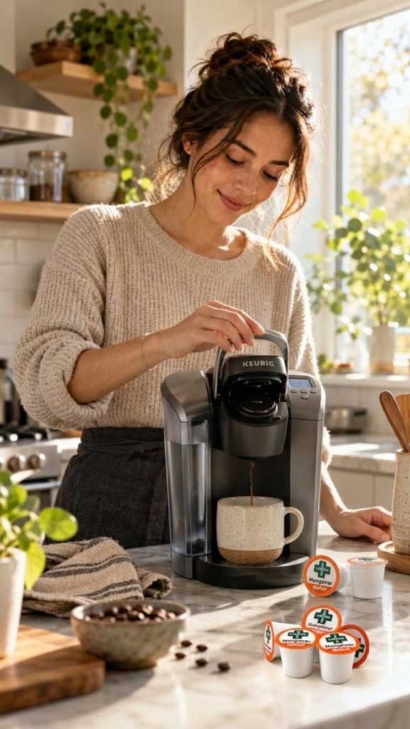 Woman brewing Hangover Helper Relief in a Keurig with K-Cup pods on the counter