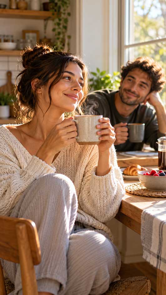Woman smiling over a mug of coffee at a sunny breakfast table