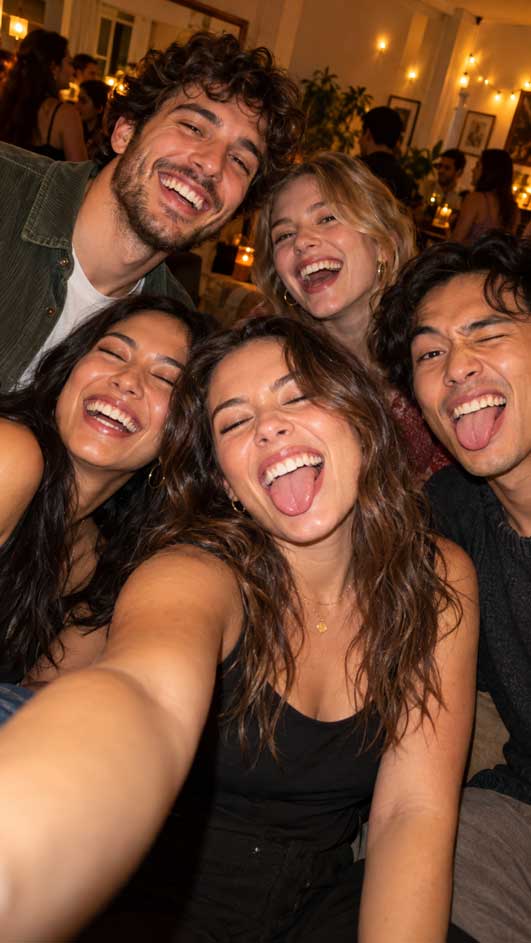 Group selfie of friends laughing and sticking out their tongues